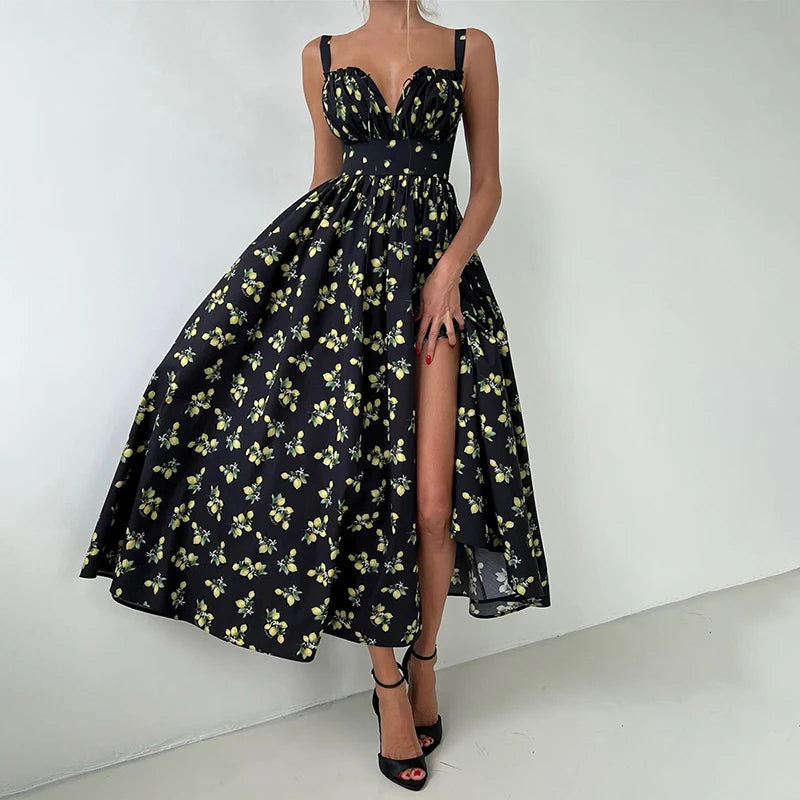 Tornova Printed Suspender Dress For Women Cotton Sexy Slit High Waist Long Dress Elegant Lace Up Summer Female Vacation Dress