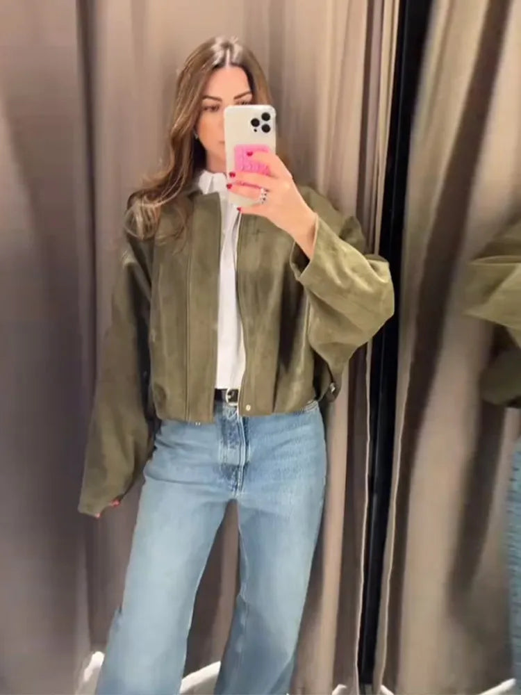 Fashion Suede Zipper Bomber Jacket For Women Vintage Turn Down Collar Long Sleeve Coats Lady New Street Chic Short Outerwear