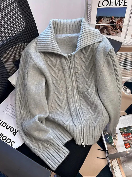 Zoki Grey Y2K Cardigan Sweaters Women Streetwear Double Zipper Loose Knitted Coat Tops Loose Long Sleeve Casual Harajuku Jackets