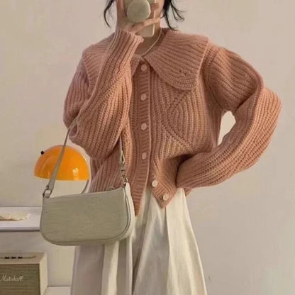 Sweet Peter Pan Collar Knitted Cardigan Women Autumn Simple Single Breasted Sweater Coats Woman Solid Color Korean Cardigan