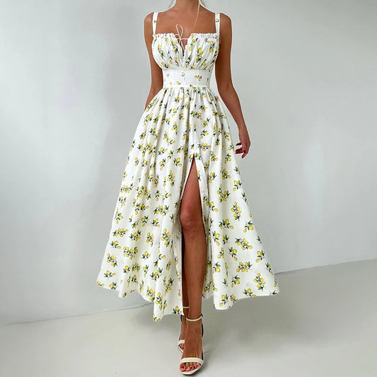 Tornova Printed Suspender Dress For Women Cotton Sexy Slit High Waist Long Dress Elegant Lace Up Summer Female Vacation Dress