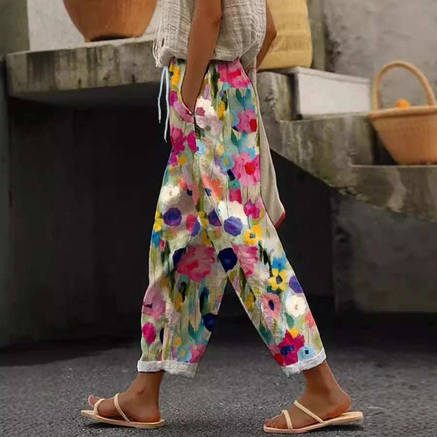 2025 Womens Summer New Fashion Printed Straight Pants Blue Pocket Lace Seaside Beach Vacation Style Trousers Women's Loose Pants