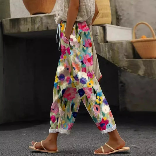 2025 Womens Summer New Fashion Printed Straight Pants Blue Pocket Lace Seaside Beach Vacation Style Trousers Women's Loose Pants