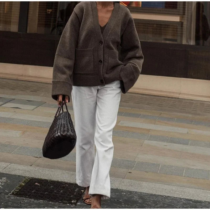 Women Casual Solid Single V Neck Knitted Cardigan Fashion Single Breasted Full Sleeves Sweater Autumn Chic Female Street Wear