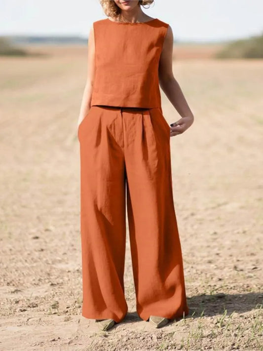 Summer Loose O-Neck Sleeveless Top Wide Leg Pants Two Piece 2024 Fashion Casual New Suit Women Solid Cotton Linen 2 Piece Suits