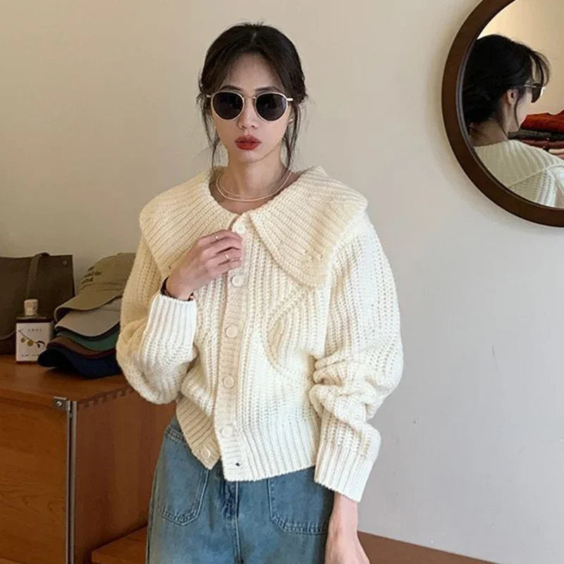 Sweet Peter Pan Collar Knitted Cardigan Women Autumn Simple Single Breasted Sweater Coats Woman Solid Color Korean Cardigan