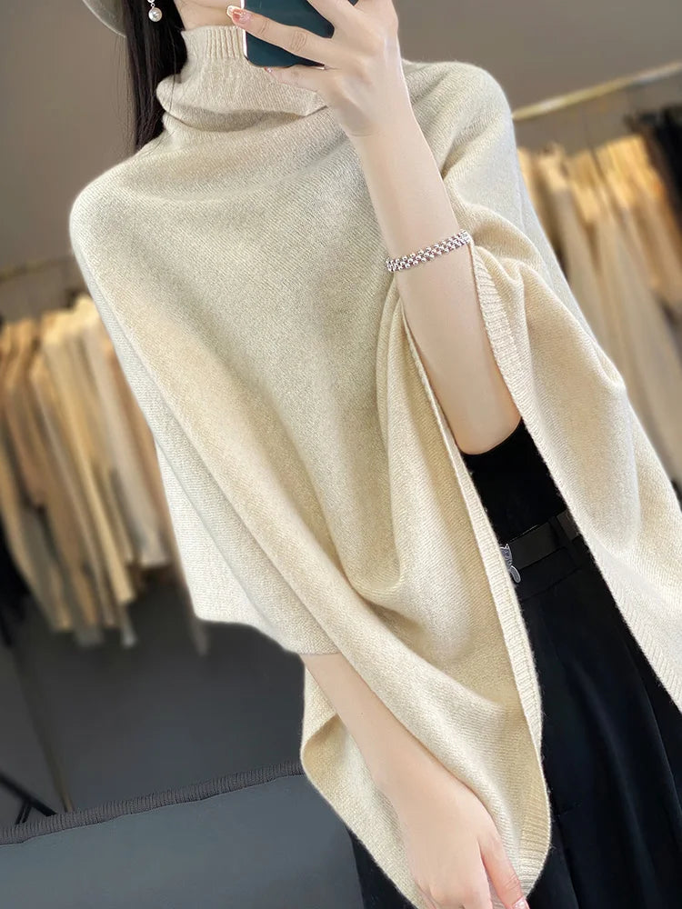 New Chic Women Wool Sweater Shawl Heap Collar Pullover 100% Merino Wool Knitwear Autumn Winter Cashmere Soft Simple Cloak Shawl