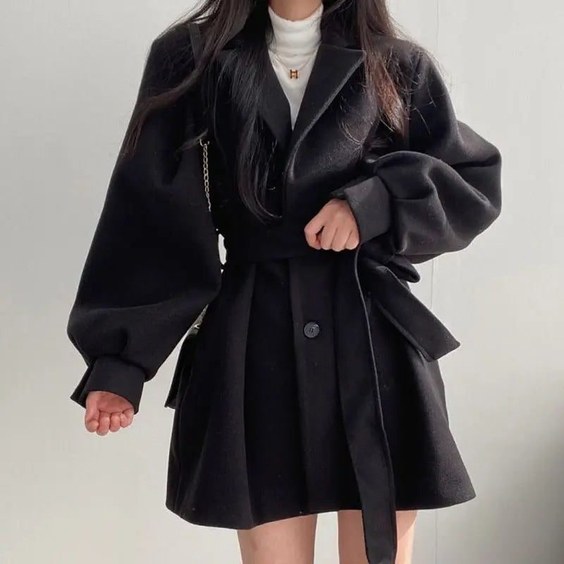 Black Trench Coat for Women Aesthetic Long Wool Blends Winter Clothing Puffer Woman Coats New Clothes Korean Jackets Female Thic