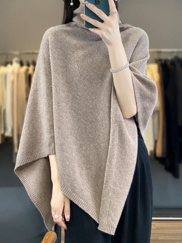 New Chic Women Wool Sweater Shawl Heap Collar Pullover 100% Merino Wool Knitwear Autumn Winter Cashmere Soft Simple Cloak Shawl