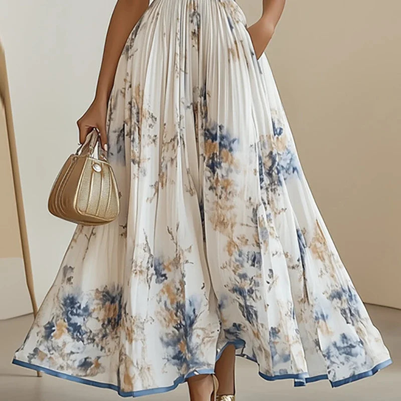 Summer Hanging Neck Sleeveless Waist Party Maxi Dress Women Elegant Hollow Floral Print Pleated Lady Chic Evening Gown Vacation
