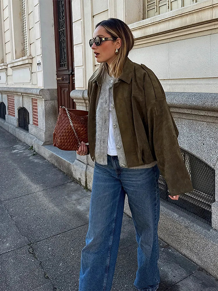 Fashion Suede Zipper Bomber Jacket For Women Vintage Turn Down Collar Long Sleeve Coats Lady New Street Chic Short Outerwear
