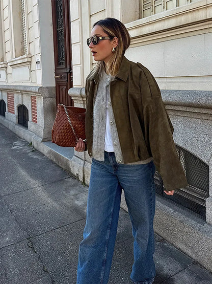 Fashion Suede Zipper Bomber Jacket For Women Vintage Turn Down Collar Long Sleeve Coats Lady New Street Chic Short Outerwear