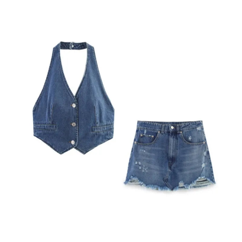 ZBZA Women Denim Cropped Vest Shorts Set Halter Neck Backless Single Breasted Top High Waist A-line Shorts Summer New Chic Suit