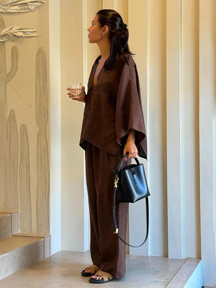 Chic Brown Cotton Linen Long Pants Sets Women's Casual Loose Solid Lace Up V-neck Shirts Suits 2025 Lady Daily Streetwear New