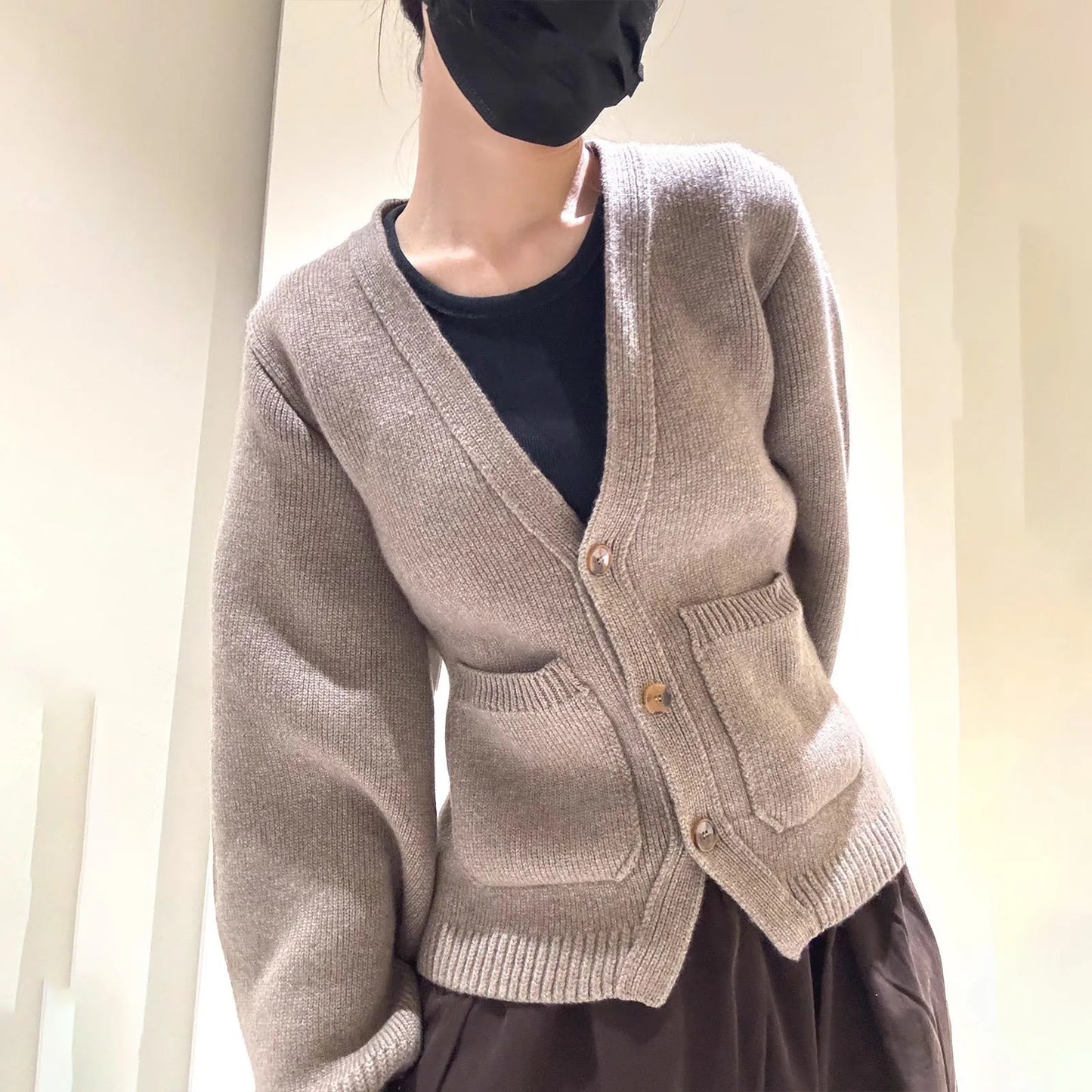Solid Color Female's Autumn Sweater V-neck High-Waist Button Pocket Cardigan For Women Knit Cropped Long Sleeves Jacket For Lady