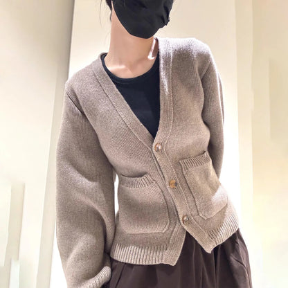 Solid Color Female's Autumn Sweater V-neck High-Waist Button Pocket Cardigan For Women Knit Cropped Long Sleeves Jacket For Lady
