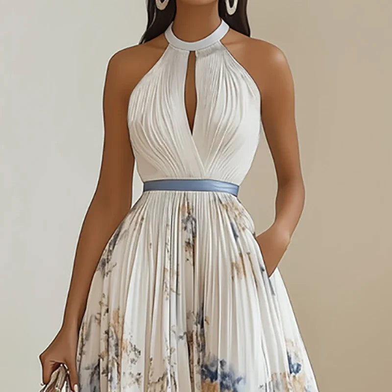 Summer Hanging Neck Sleeveless Waist Party Maxi Dress Women Elegant Hollow Floral Print Pleated Lady Chic Evening Gown Vacation