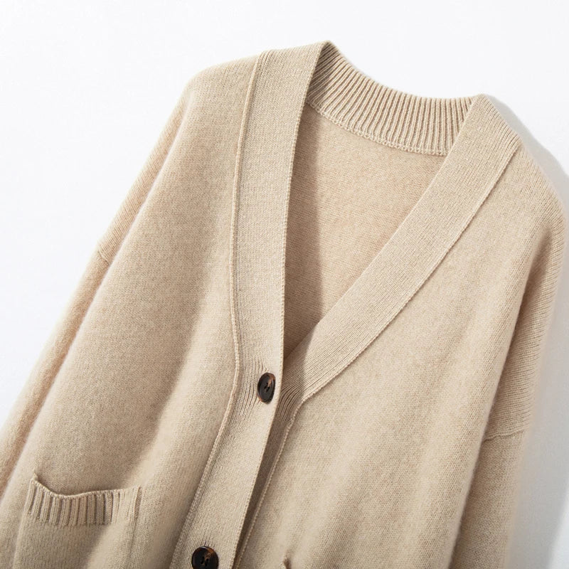 2024 Hot Sales Autumn Women's Cardigan 100% Cashmere Knitted Sweater Tops Coat Casual V-Neck Loose Large Size Shirt Spring