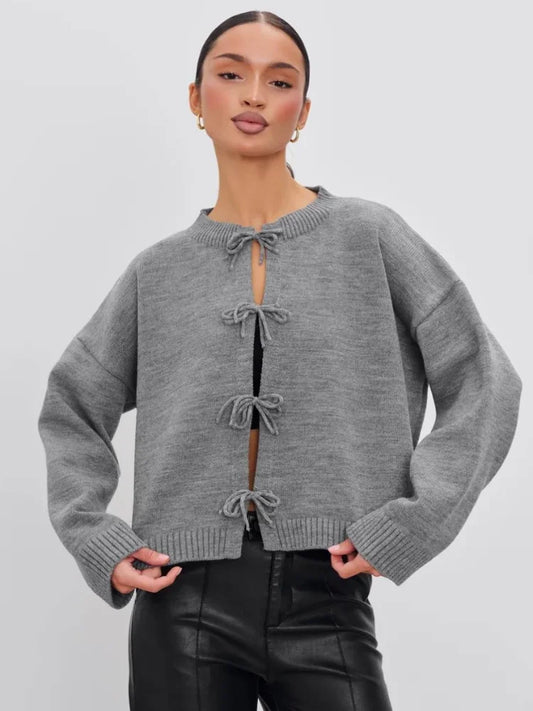 Fashion Solid Sweater For Women O-neck Full Sleeve Lace Up Loose Short Tops 2025 Autumn Elegant Female Daily Casual Outerwear