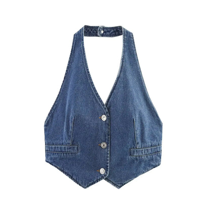 ZBZA Women Denim Cropped Vest Shorts Set Halter Neck Backless Single Breasted Top High Waist A-line Shorts Summer New Chic Suit