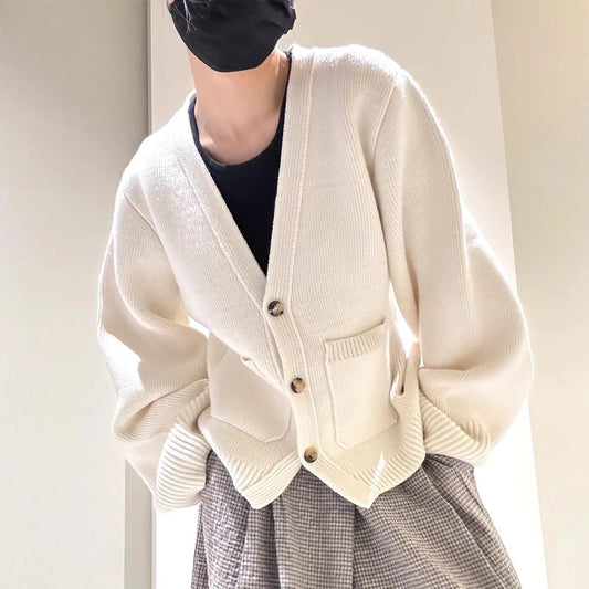 Solid Color Female's Autumn Sweater V-neck High-Waist Button Pocket Cardigan For Women Knit Cropped Long Sleeves Jacket For Lady