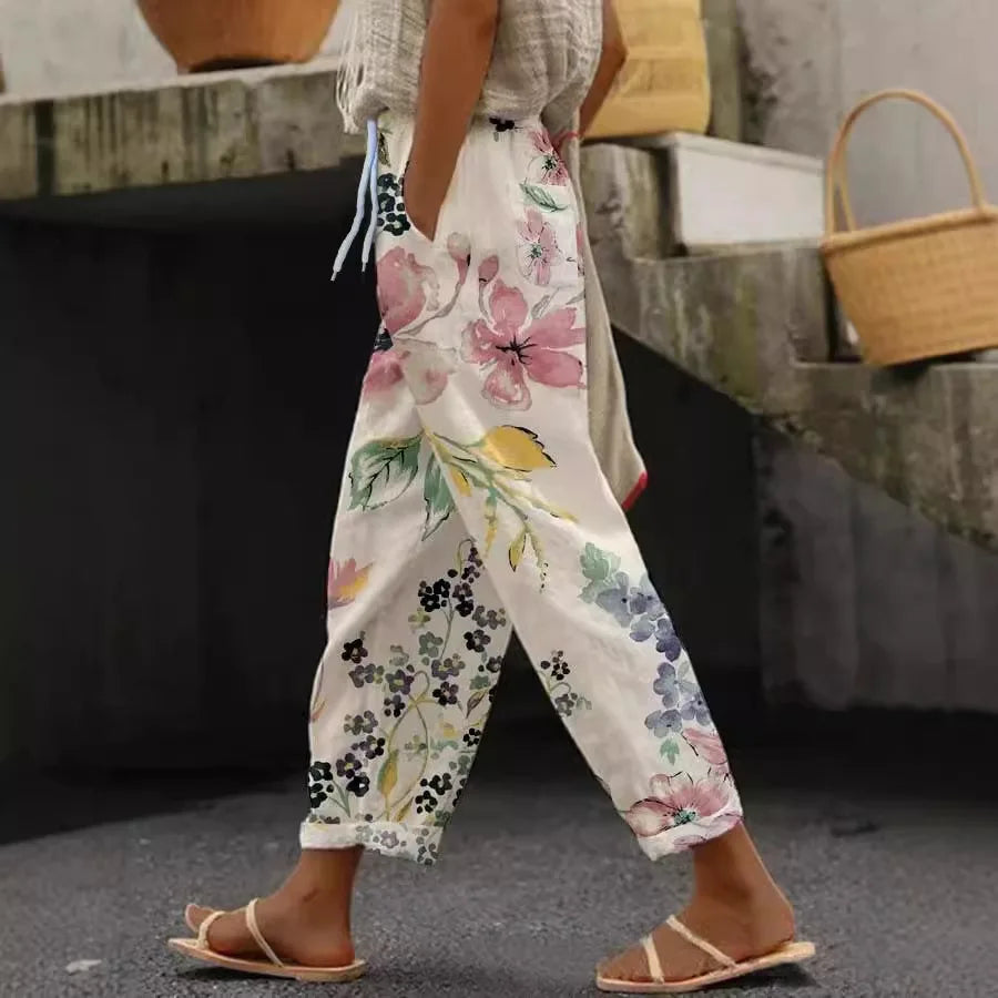 2025 Womens Summer New Fashion Printed Straight Pants Blue Pocket Lace Seaside Beach Vacation Style Trousers Women's Loose Pants
