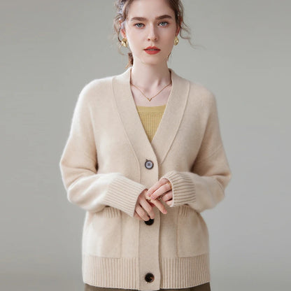 2024 Hot Sales Autumn Women's Cardigan 100% Cashmere Knitted Sweater Tops Coat Casual V-Neck Loose Large Size Shirt Spring