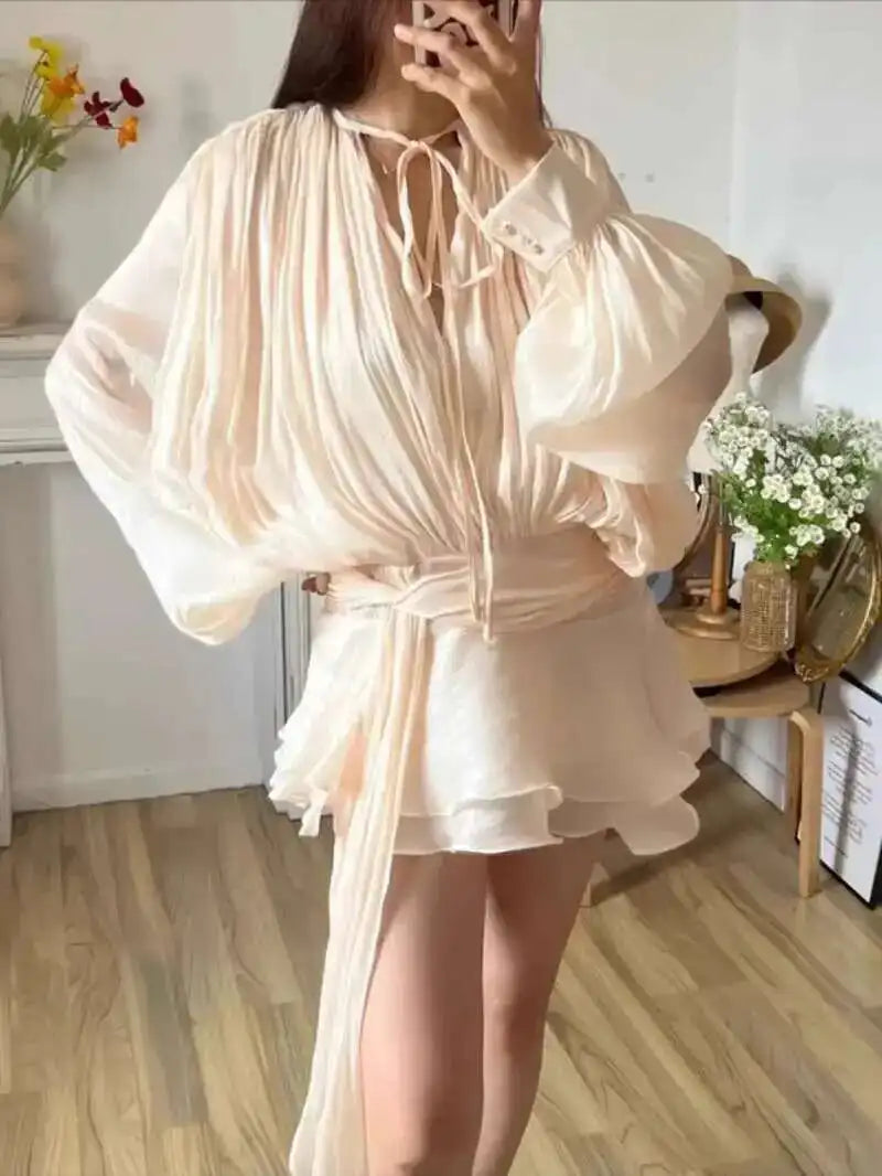 Beige Top Solid Blouse Mini Dresses For Women V Neck Long Sleeve Spliced Lace Up Sweet Style Dress Female Clothing Fashion  P7WI