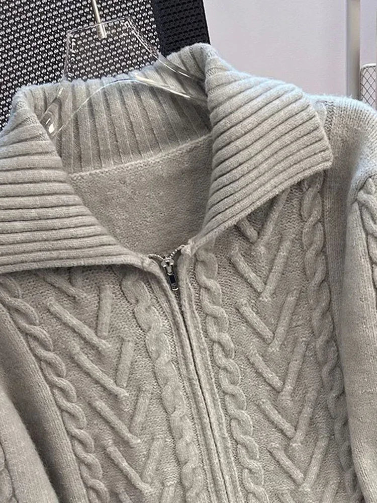 Zoki Grey Y2K Cardigan Sweaters Women Streetwear Double Zipper Loose Knitted Coat Tops Loose Long Sleeve Casual Harajuku Jackets
