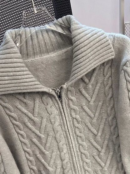Zoki Grey Y2K Cardigan Sweaters Women Streetwear Double Zipper Loose Knitted Coat Tops Loose Long Sleeve Casual Harajuku Jackets
