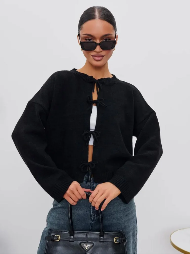 Fashion Solid Sweater For Women O-neck Full Sleeve Lace Up Loose Short Tops 2025 Autumn Elegant Female Daily Casual Outerwear