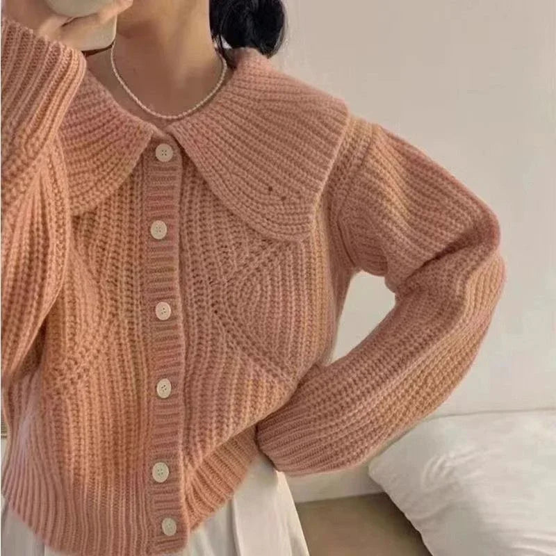 Sweet Peter Pan Collar Knitted Cardigan Women Autumn Simple Single Breasted Sweater Coats Woman Solid Color Korean Cardigan