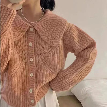 Sweet Peter Pan Collar Knitted Cardigan Women Autumn Simple Single Breasted Sweater Coats Woman Solid Color Korean Cardigan