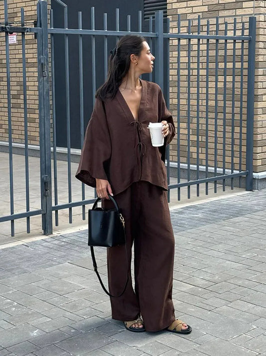 Chic Brown Cotton Linen Long Pants Sets Women's Casual Loose Solid Lace Up V-neck Shirts Suits 2025 Lady Daily Streetwear New