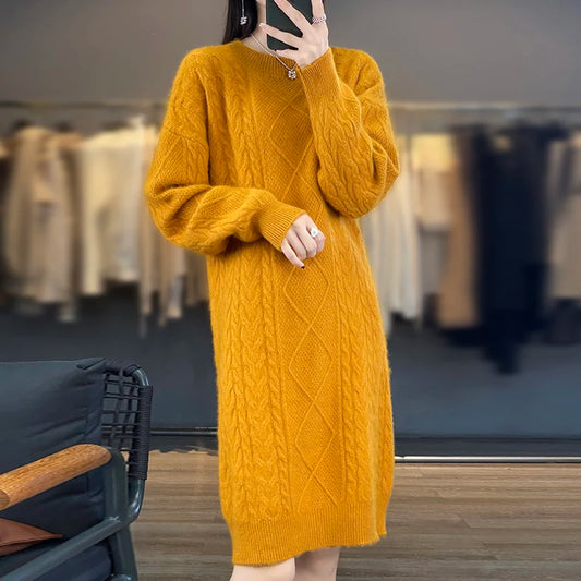 DjzDsm Autumn And Winter New 100% Mink Fur Women's High Quality Round Neck Thick Warm Jumper Knitted Solid Color Loose Dress