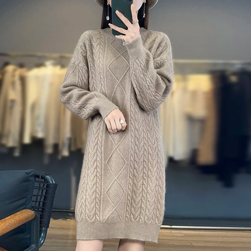 DjzDsm Autumn And Winter New 100% Mink Fur Women's High Quality Round Neck Thick Warm Jumper Knitted Solid Color Loose Dress