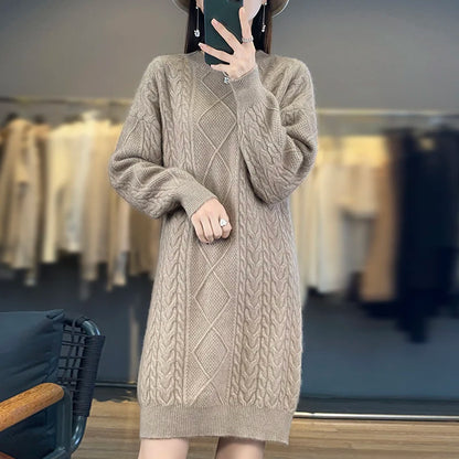 DjzDsm Autumn And Winter New 100% Mink Fur Women's High Quality Round Neck Thick Warm Jumper Knitted Solid Color Loose Dress