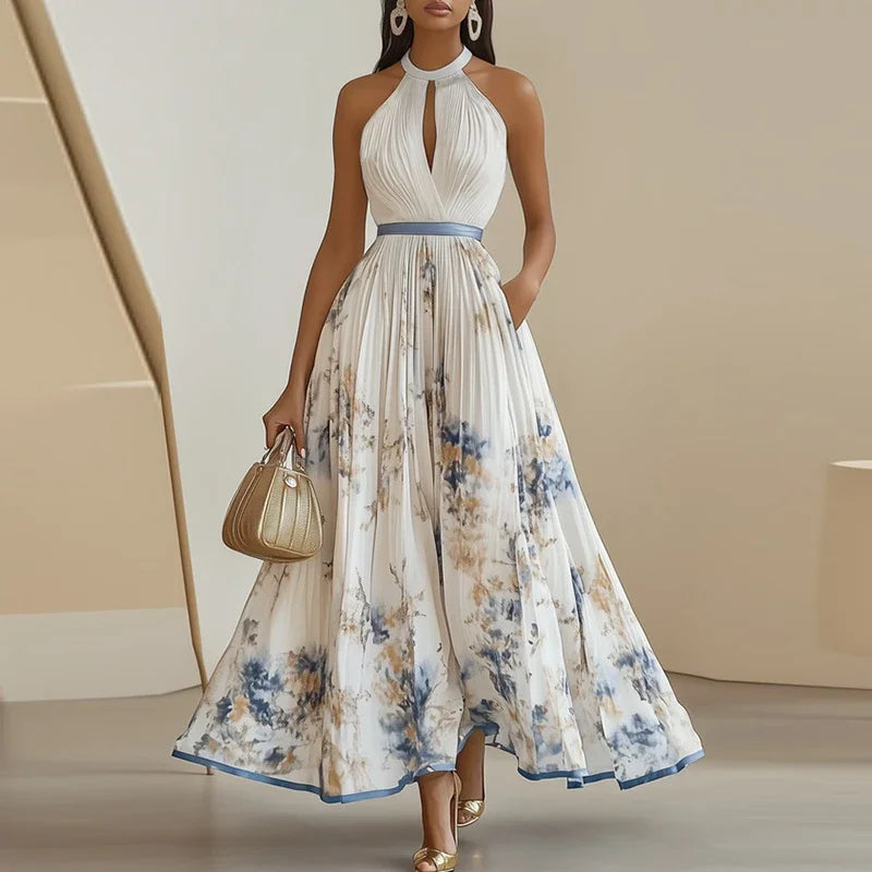 Summer Hanging Neck Sleeveless Waist Party Maxi Dress Women Elegant Hollow Floral Print Pleated Lady Chic Evening Gown Vacation