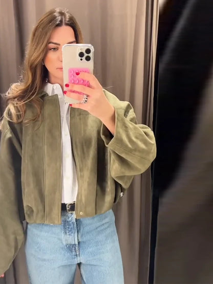 Fashion Suede Zipper Bomber Jacket For Women Vintage Turn Down Collar Long Sleeve Coats Lady New Street Chic Short Outerwear