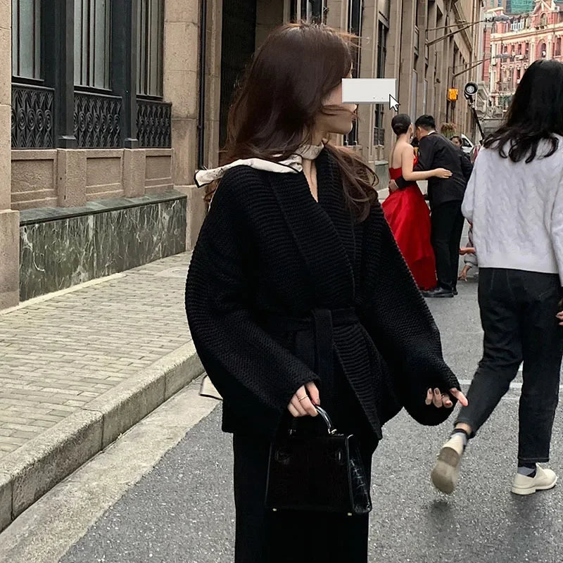 Medium Length Knit Cardigan for Women, Fashionable French Style, Long Sweater Coat, Autumn and Winter