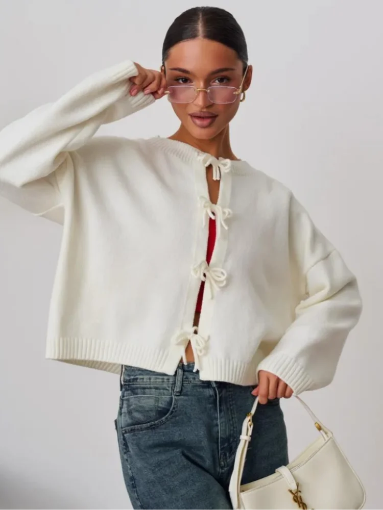 Fashion Solid Sweater For Women O-neck Full Sleeve Lace Up Loose Short Tops 2025 Autumn Elegant Female Daily Casual Outerwear