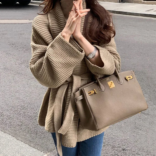 Medium Length Knit Cardigan for Women, Fashionable French Style, Long Sweater Coat, Autumn and Winter