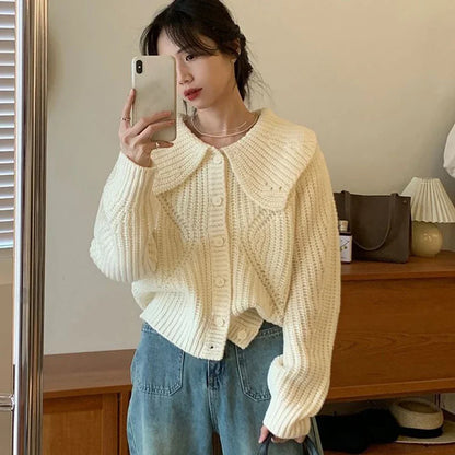Sweet Peter Pan Collar Knitted Cardigan Women Autumn Simple Single Breasted Sweater Coats Woman Solid Color Korean Cardigan