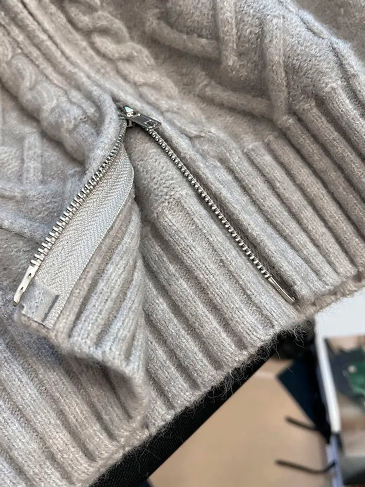 Zoki Grey Y2K Cardigan Sweaters Women Streetwear Double Zipper Loose Knitted Coat Tops Loose Long Sleeve Casual Harajuku Jackets