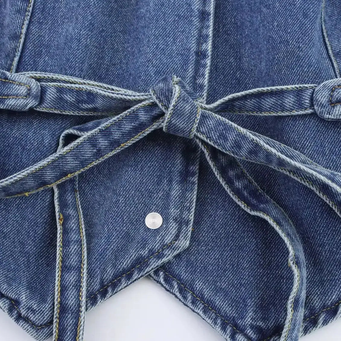 ZBZA Women Denim Cropped Vest Shorts Set Halter Neck Backless Single Breasted Top High Waist A-line Shorts Summer New Chic Suit