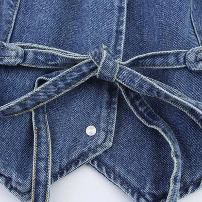 ZBZA Women Denim Cropped Vest Shorts Set Halter Neck Backless Single Breasted Top High Waist A-line Shorts Summer New Chic Suit