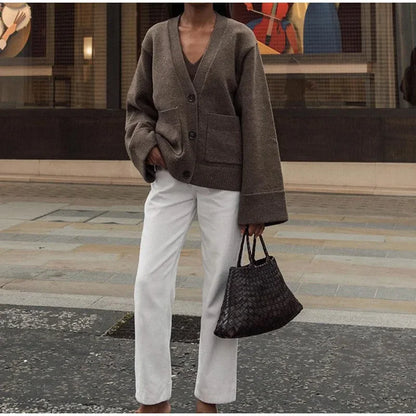 Women Casual Solid Single V Neck Knitted Cardigan Fashion Single Breasted Full Sleeves Sweater Autumn Chic Female Street Wear