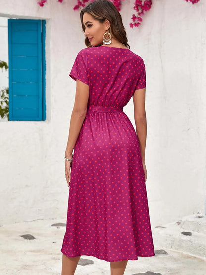Casual V Neck Short Sleeve Dress Office Lady Spring Summer Fashion Elegant Flower Floral Print Lace Up Dresses For Women 2023
