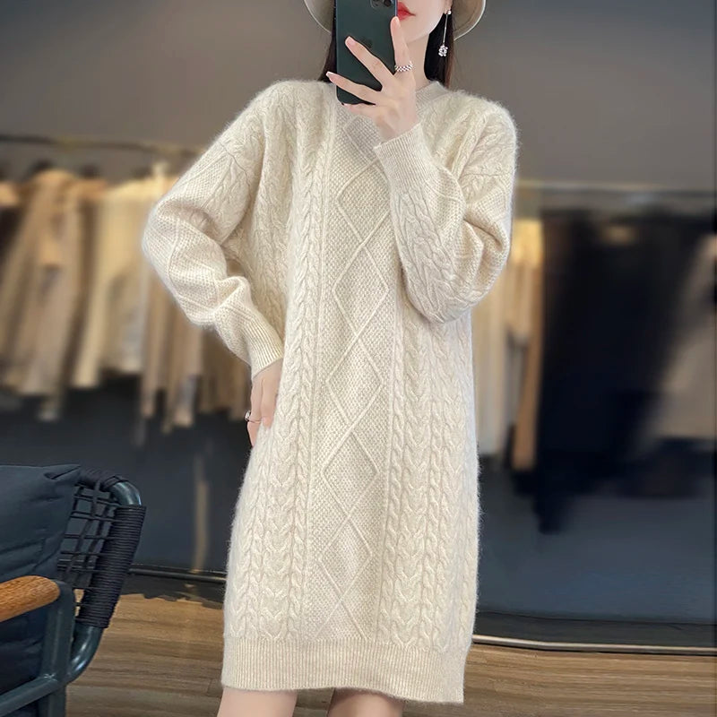 DjzDsm Autumn And Winter New 100% Mink Fur Women's High Quality Round Neck Thick Warm Jumper Knitted Solid Color Loose Dress