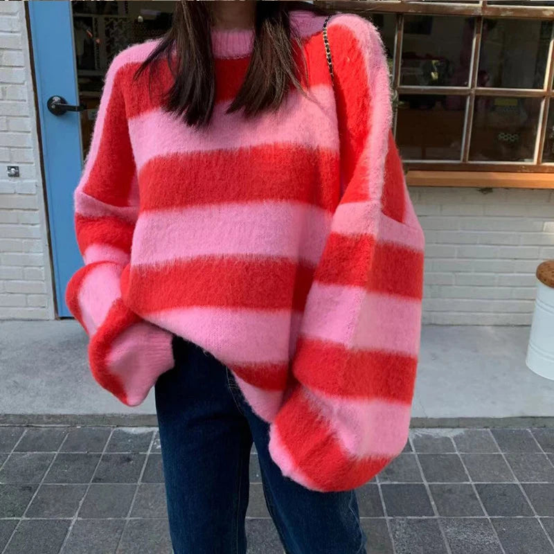 Women's Clothing Korean Stripe Knitting Sweater Round Neck  Long Sleeves Vintage Casual Fashion Baggy Ladies Tops Autumn